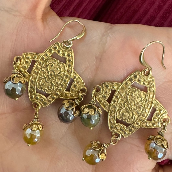 Handmade bohemian gemstone agate drop earrings - Picture 6 of 8